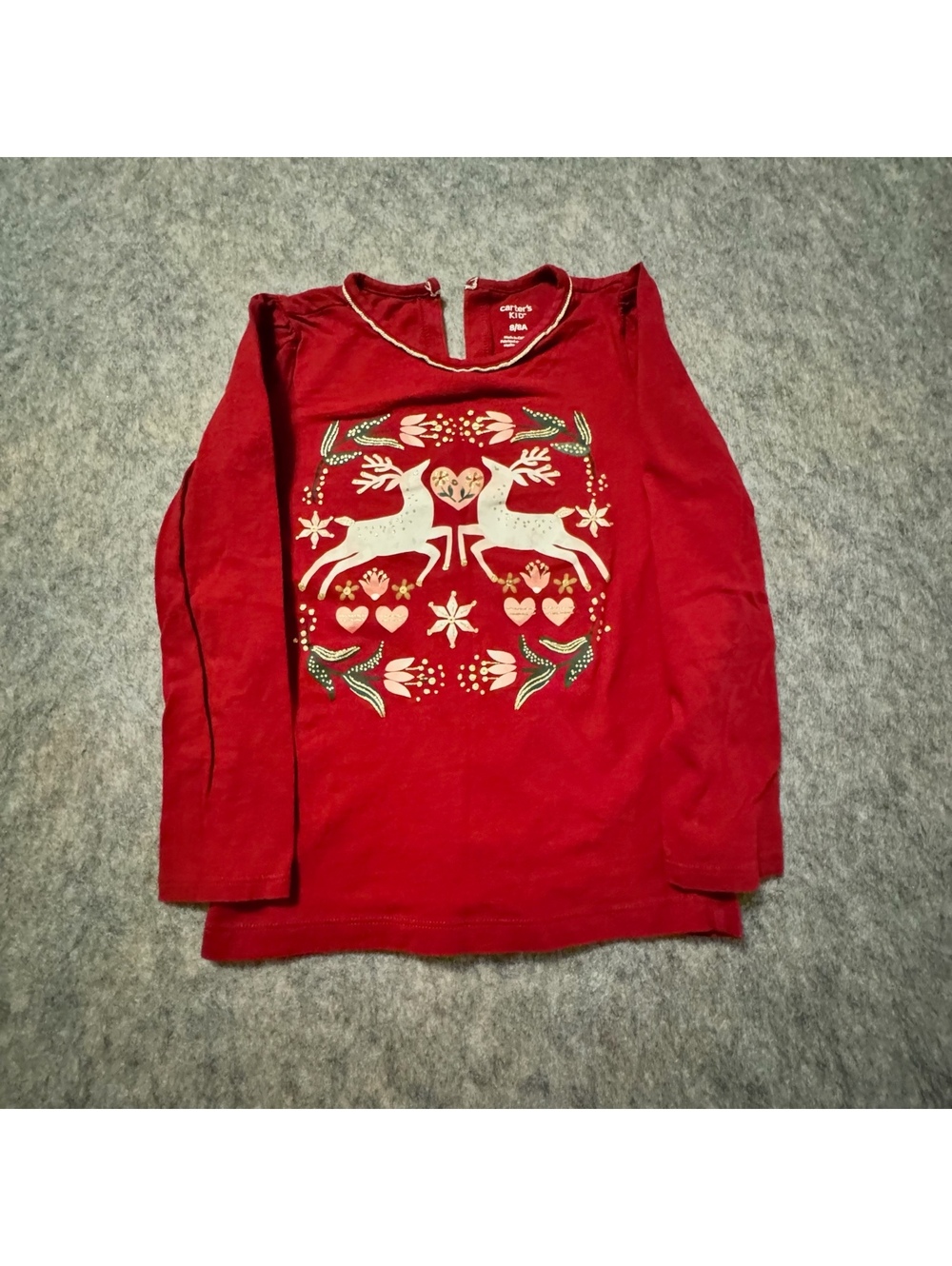 Carters Kids Red Christmas Deer Graphic Long Sleeve Tee Cute Winter Holiday Sz8